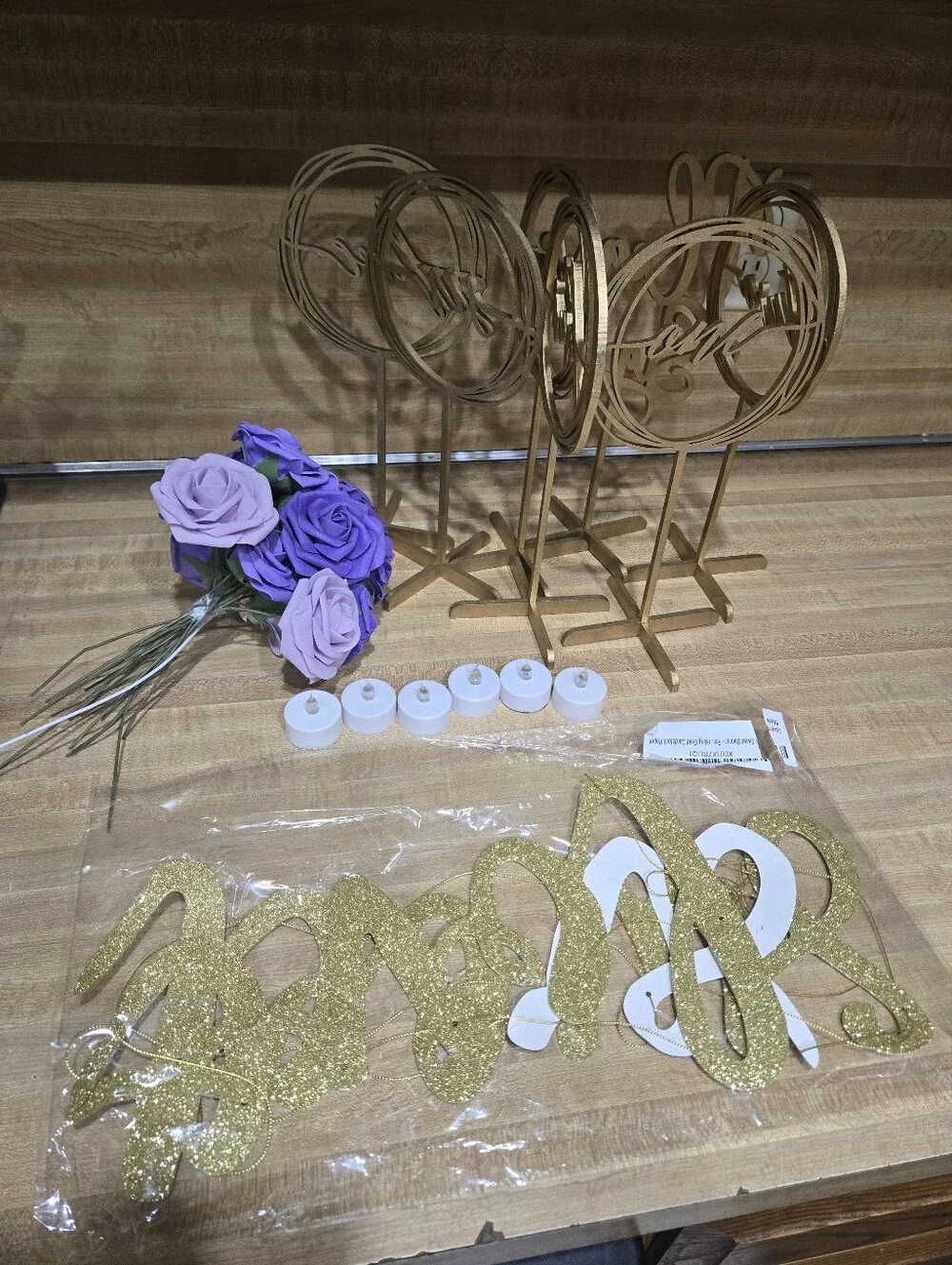 Gold Wedding Decor Bundle - Table Numbers, Sign, Banner, and Flowers candies